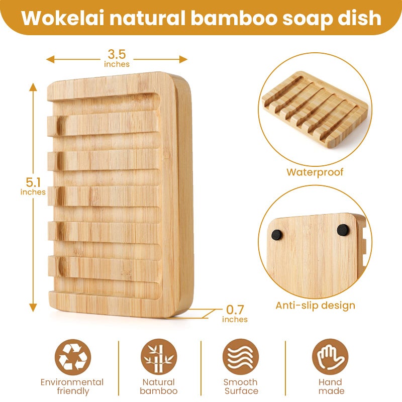wokelai Shampoo Bar Holder Bamboo Soap Dish for Shower Wood Soap Dishes Wooden Soap Saver Tray Stand Self Draining Travel Soap Container Case for Bathroom Kitchen Bath Tub Razor Sponges  Waterfall Drain 2 PCS - Image 3